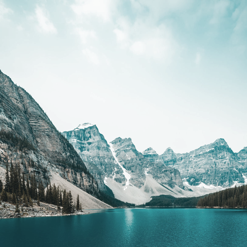 Blue lake near trees and snowy mountains on bright day